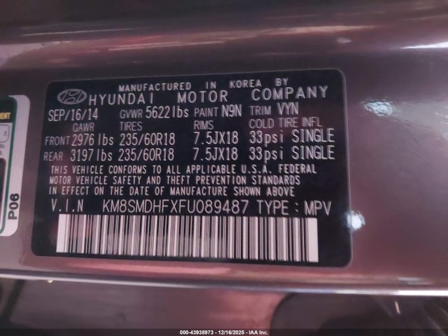 KM8SMDHFXFU089487 Hyundai Santa Fe Gls
