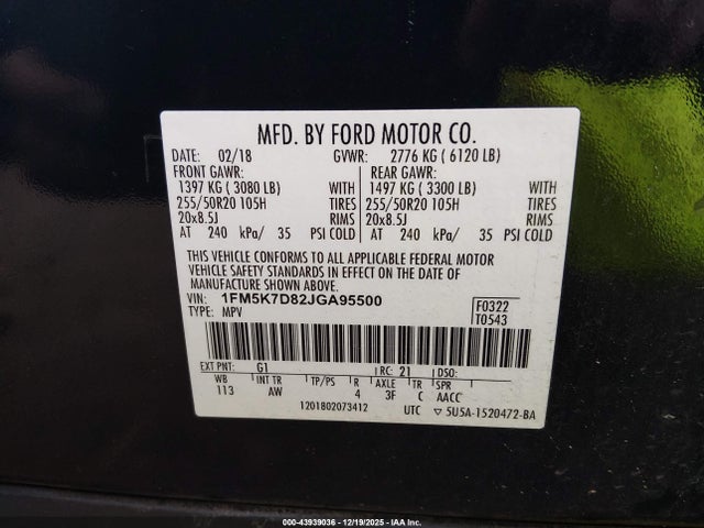1FM5K7D82JGA95500 Ford EXPLORER XLT