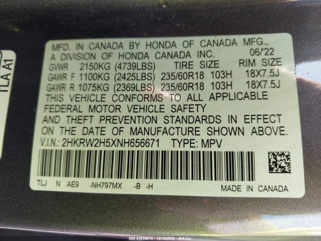 2HKRW2H5XNH656671 Honda Cr-v Awd Ex