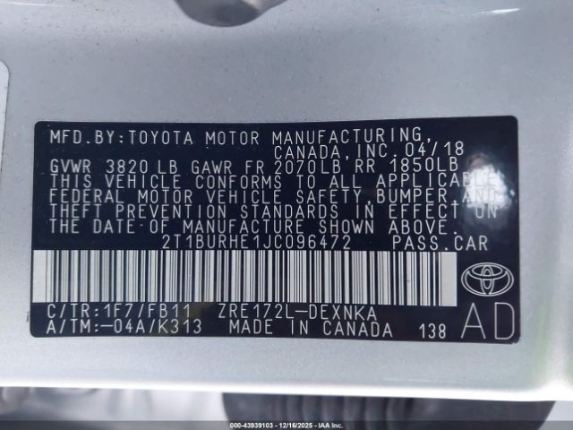 2018 TOYOTA COROLLA 2T1BURHE1JC096472 Photo 8