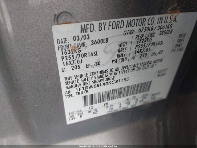 Продажа на аукционе авто 2003 Ford F-150 Lariat/xlt, vin: 1FTRW08LX3KC81155, номер лота: 43939125
