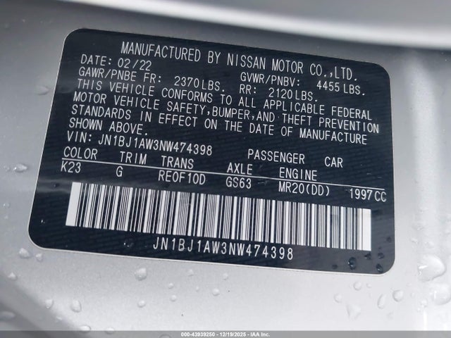 2022 Nissan Rogue Sport S მანქანა იყიდება აუქციონზე, vin: JN1BJ1AW3NW474398, აუქციონის ნომერი: 43939250