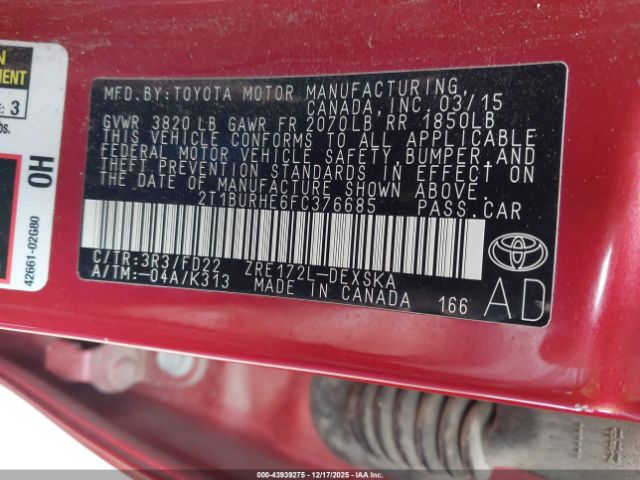 2015 TOYOTA COROLLA 2T1BURHE6FC376685 Photo 8