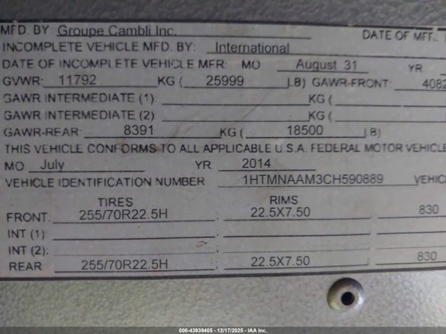 Продажа на аукционе авто 2012 International 4000 4300 Lp, vin: 1HTMNAAM3CH590889, номер лота: 43939405