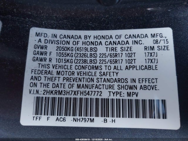 2015 HONDA CR-V 2HKRM3H7XFH547772 Photo 8