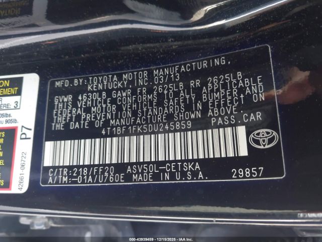 2013 TOYOTA CAMRY 4T1BF1FK5DU245859 Photo 8