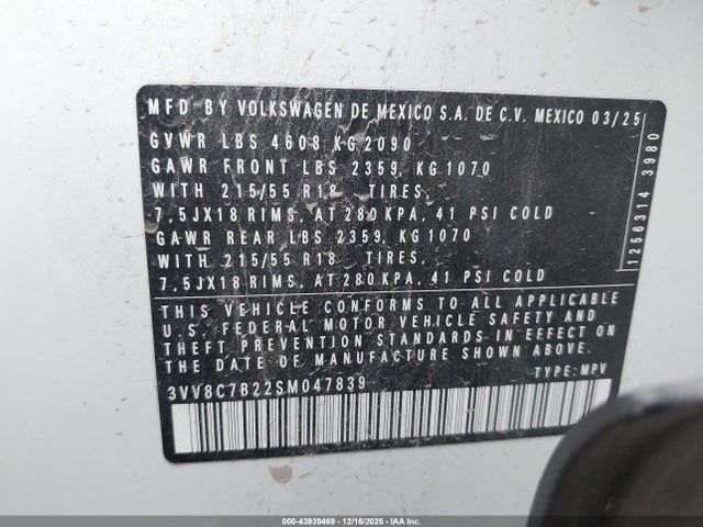 Продаж на аукціоні авто 2025 Volkswagen Taos 1.5t S, vin: 3VV8C7B22SM047839, номер лоту: 43939469
