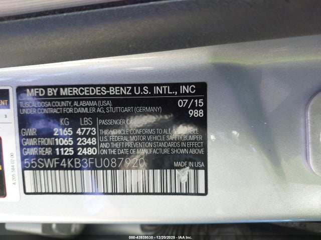 2015 Mercedes-benz C 300 Luxury 4matic მანქანა იყიდება აუქციონზე, vin: 55SWF4KB3FU087920, აუქციონის ნომერი: 43939530