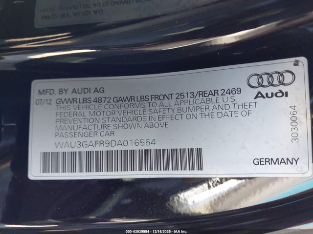 43939584 :رقم المزاد ، WAU3GAFR9DA016554 vin ، 2013 Audi S5 3.0t Premium Plus مزاد بيع