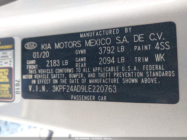 43939639 :رقم المزاد ، 3KPF24AD9LE220763 vin ، 2020 Kia Forte Lxs مزاد بيع