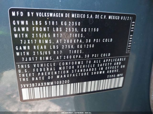 2021 VOLKSWAGEN TIGUAN 3VV3B7AX9MM108200 Photo 8