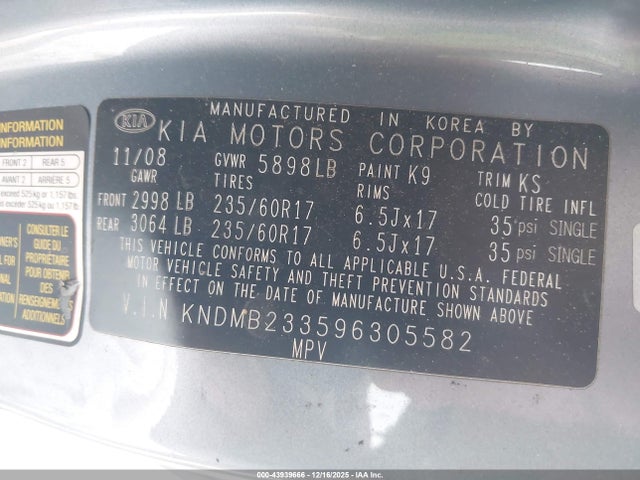 2009 KIA SEDONA KNDMB233596305582 Photo 8