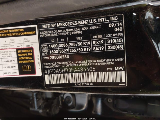 Auction sale of the 2015 Mercedes-benz Ml 350 4matic, vin: 4JGDA5HB8FA486606, lot number: 43939696
