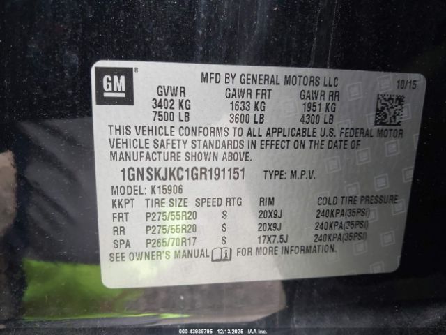 2016 CHEVROLET SUBURBAN 1GNSKJKC1GR191151 Photo 8