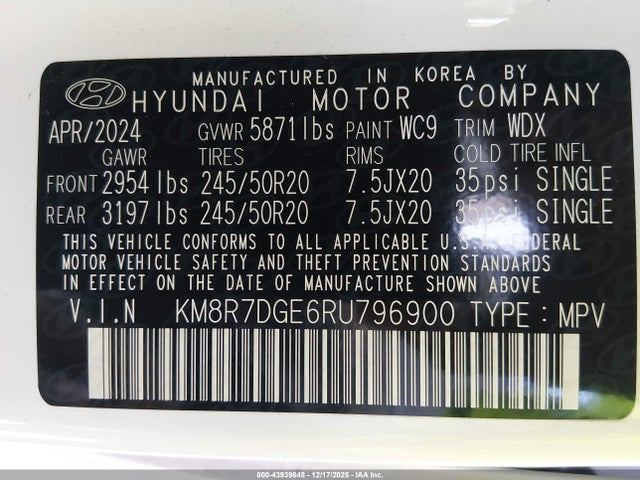 Aukcja sprzedaży 2024 Hyundai Palisade Calligraphy, vin: KM8R7DGE6RU796900, numer aukcji: 43939848