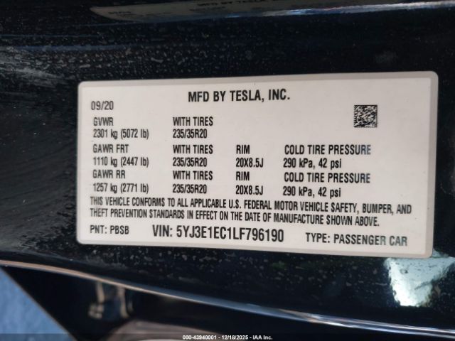 2020 TESLA MODEL 3 5YJ3E1EC1LF796190 Photo 8