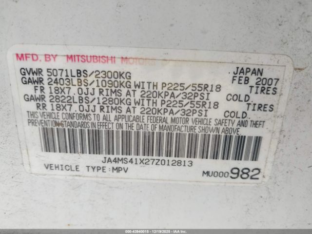 2007 MITSUBISHI OUTLANDER JA4MS41X27Z012813 Photo 8