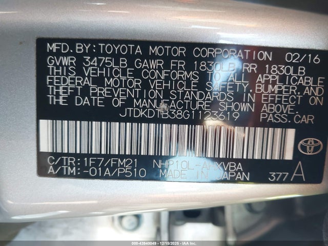 JTDKDTB38G1123619 Toyota Prius C Two