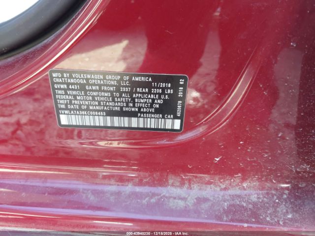 2019 VOLKSWAGEN PASSAT 1VWLA7A36KC008453 Photo 8