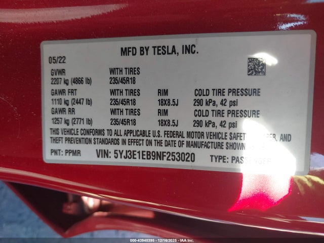 2022 TESLA MODEL 3 5YJ3E1EB9NF253020 Photo 8