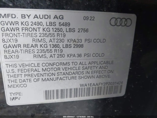 Продаж на аукціоні авто 2023 Audi Q5 Premium Plus 45 Tfsi S Line Quattro, vin: WA1EAAFY2P2031426, номер лоту: 43940427