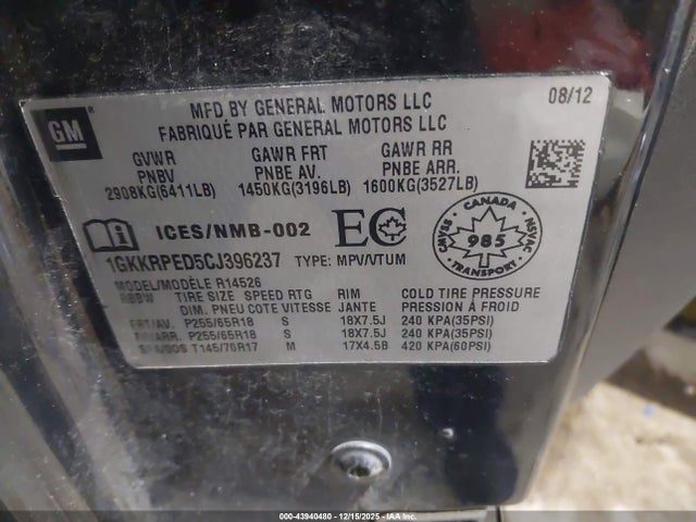 Aukcja sprzedaży 2012 Gmc Acadia Sle, vin: 1GKKRPED5CJ396237, numer aukcji: 43940480
