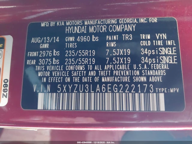 5XYZU3LA6EG222173 Hyundai Santa Fe Sport 2.0l Turbo