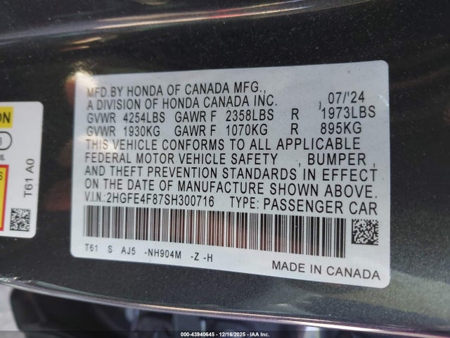 2025 HONDA CIVIC HYBRID 2HGFE4F87SH300716 Photo 8