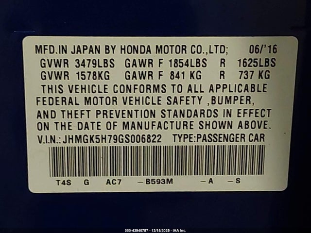 JHMGK5H79GS006822 Honda FIT EX