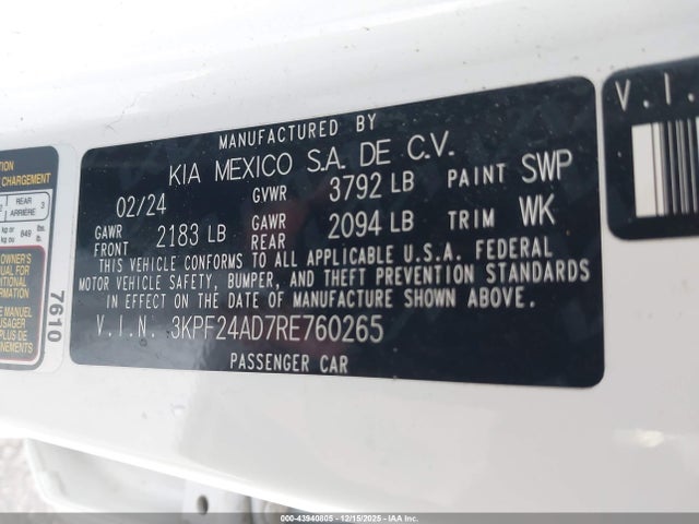 2024 Kia Forte Lxs მანქანა იყიდება აუქციონზე, vin: 3KPF24AD7RE760265, აუქციონის ნომერი: 43940805
