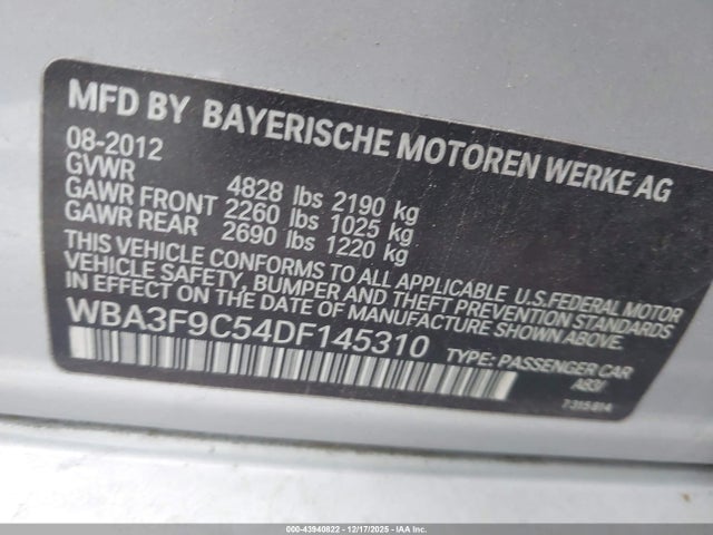 43940822 :رقم المزاد ، WBA3F9C54DF145310 vin ، 2013 Bmw Activehybrid 3 مزاد بيع