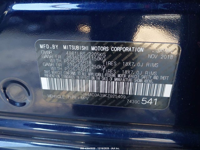 2019 MITSUBISHI OUTLANDER JA4AD3A39KZ025409 Photo 8