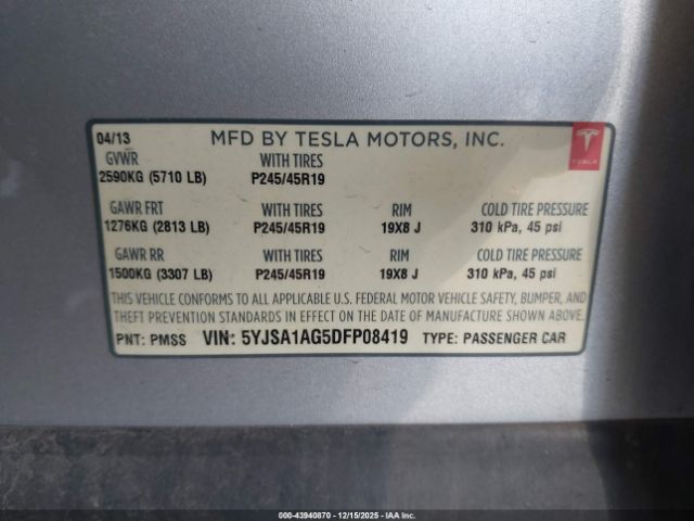 2013 TESLA MODEL S 5YJSA1AG5DFP08419 Photo 8