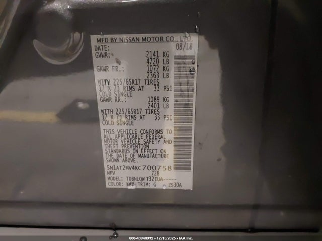 Nissan ROGUE SV 2019 5N1AT2MV4KC700758 Image 9