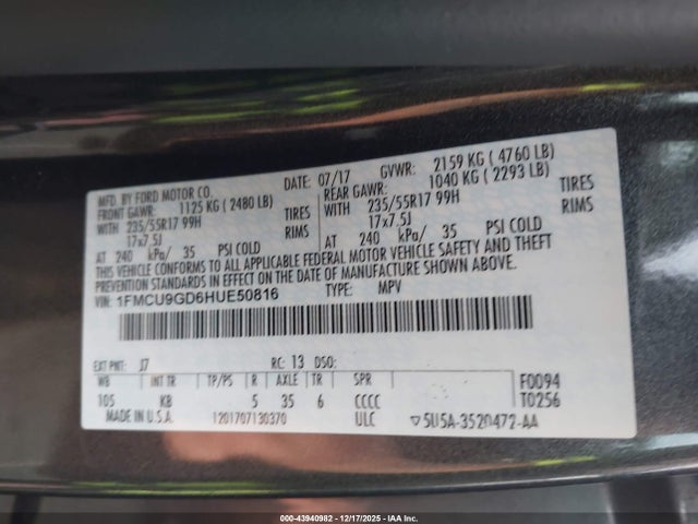 Продаж на аукціоні авто 2017 Ford Escape Se, vin: 1FMCU9GD6HUE50816, номер лоту: 43940982