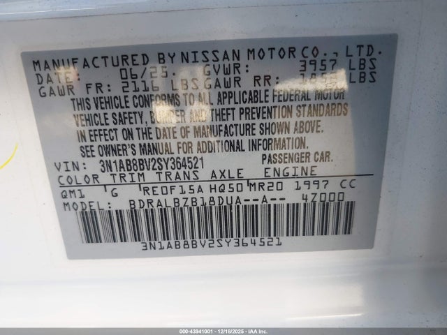 3N1AB8BV2SY364521 Nissan SENTRA S