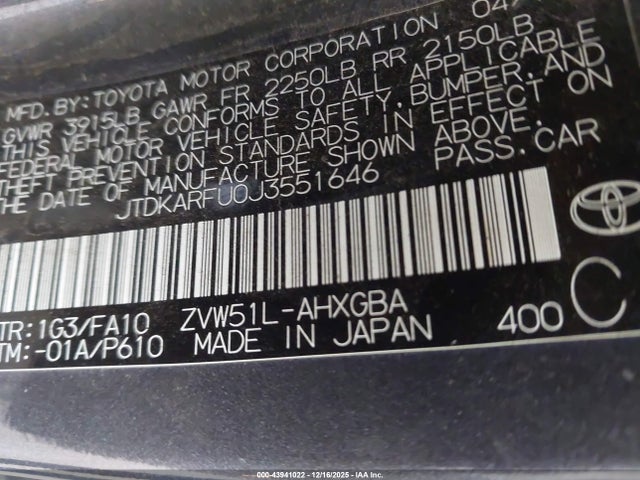 JTDKARFU0J3551646 Toyota Prius Three