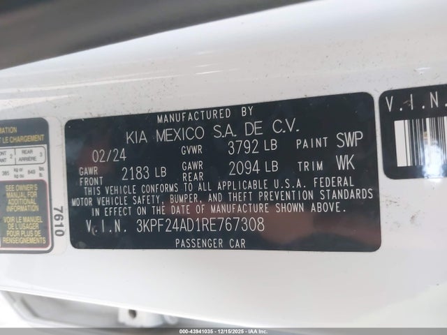 3KPF24AD1RE767308 KIA Forte Lxs