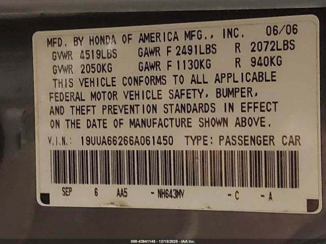 2006 ACURA TL 19UUA66266A061450 Photo 8