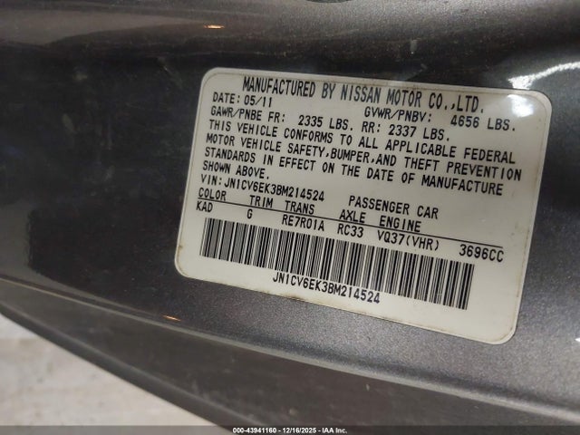 Auction sale of the 2011 Infiniti G37 Ipl, vin: JN1CV6EK3BM214524, lot number: 43941160