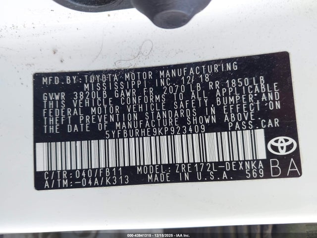 Toyota COROLLA LE 2019 5YFBURHE9KP923409 Image 9