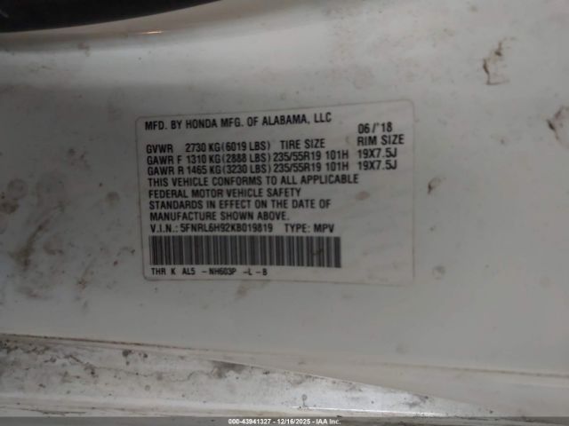 2019 HONDA ODYSSEY 5FNRL6H92KB019819 Photo 8