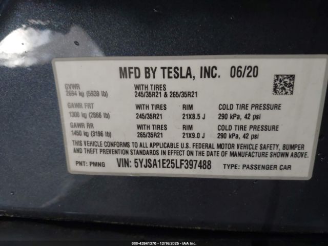 2020 TESLA MODEL S 5YJSA1E25LF397488 Photo 8