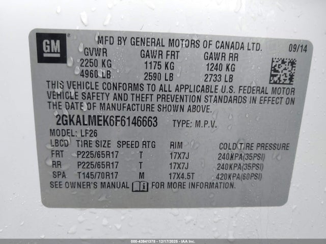 Aukcja sprzedaży 2015 Gmc Terrain Sle-1, vin: 2GKALMEK6F6146663, numer aukcji: 43941378