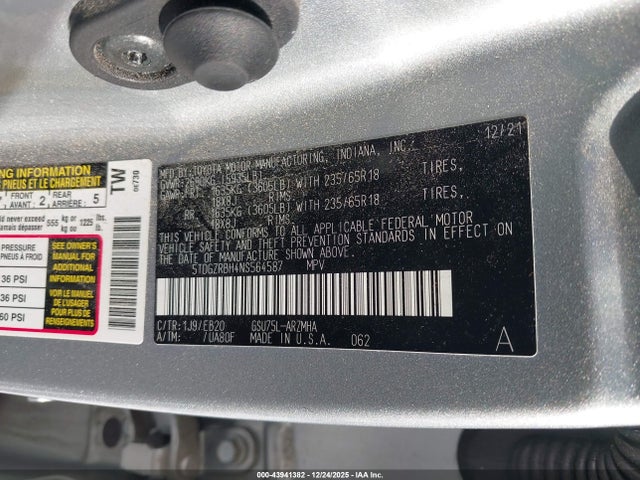 5TDGZRBH4NS564587 Toyota Highlander Xle