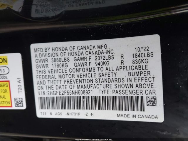 2022 HONDA CIVIC 2HGFE2F55NH608921 Photo 8