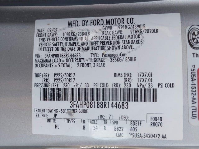 2008 FORD FUSION 3FAHP08188R144683 Photo 8