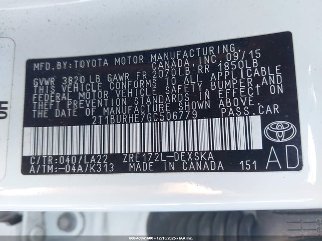 2T1BURHE7GC506779 Toyota Corolla S Premium