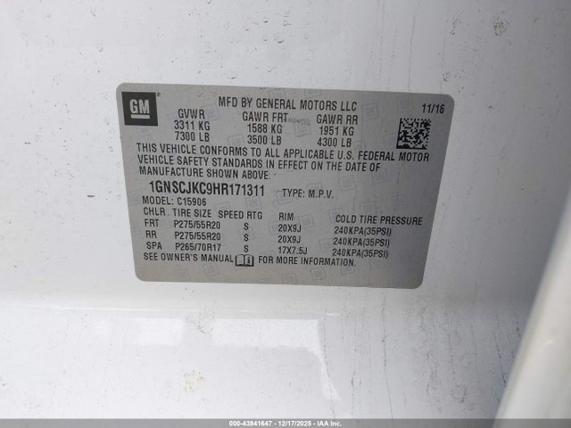 Aukcja sprzedaży 2017 Chevrolet Suburban Premier, vin: 1GNSCJKC9HR171311, numer aukcji: 43941647