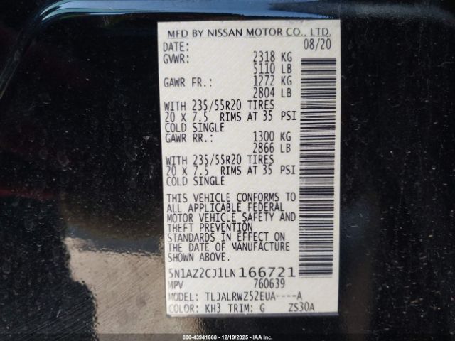 2020 NISSAN MURANO 5N1AZ2CJ1LN166721 Photo 8